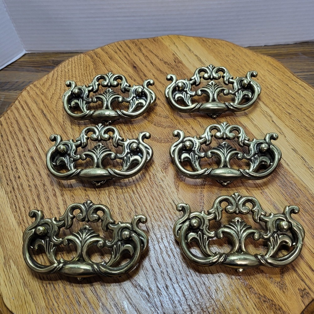 VTG Chunky Large Brass Tone Drop Bail Cabinet Drawer Pulls Handles Lot Set of 6